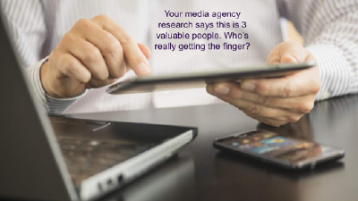Pastiche of the previous ad, asking how the three devices shown (laptop, tablet, and phone) can be treated as three separate people
