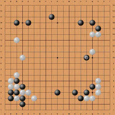 A picture of the Go board during the infamous Go game where AlphaGo played a move no-one understood, but that turned out to be brilliant