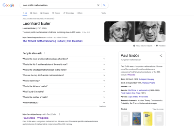 A screenshot of Google's People Also Ask feature for the query Who is the most prolific mathematician?.