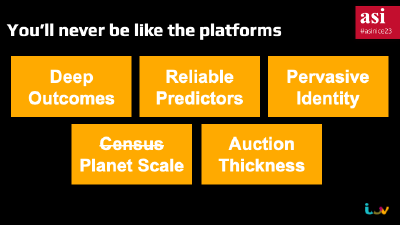 A slide from the ASI 2023 presentation arguing that broadcasters cannot win by trying to imitate platforms' targeting capabilities because they lack the five major ingredients
