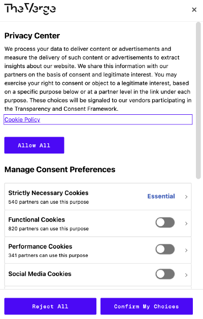 Screenshot of the consent screen from the website The Verge