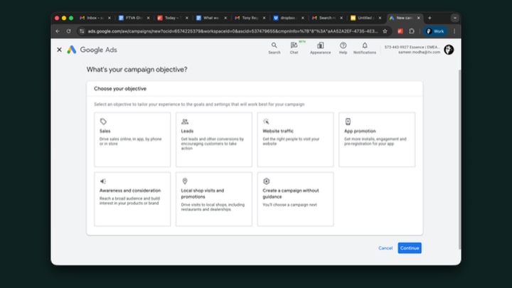 Google Ads campaign objective selection screen